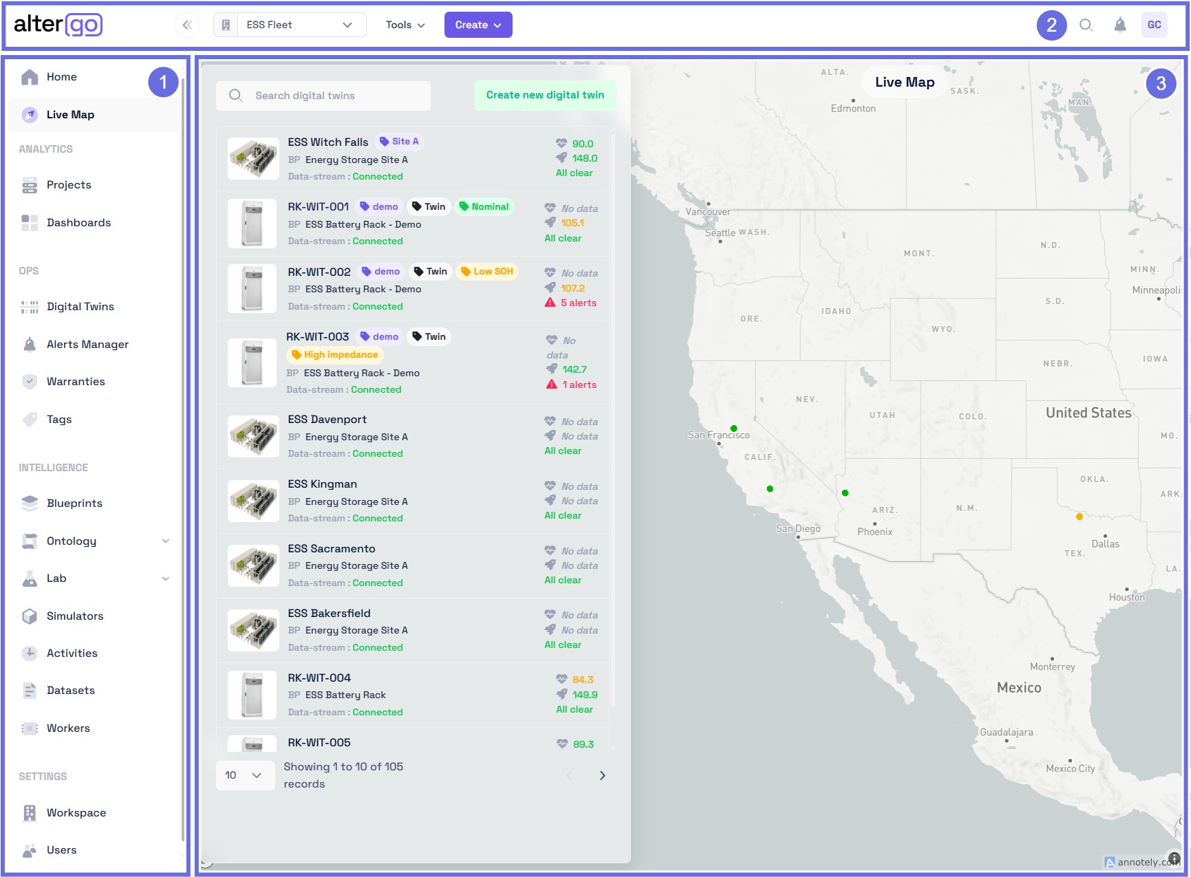 Platform landing / live map overview