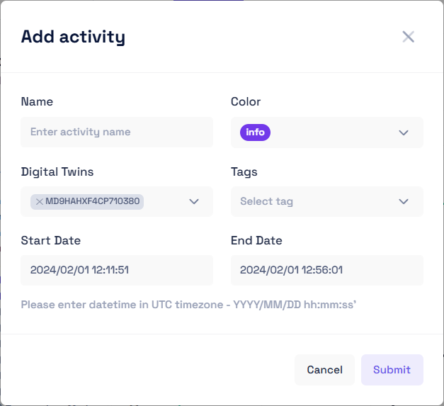 Add activity modal window